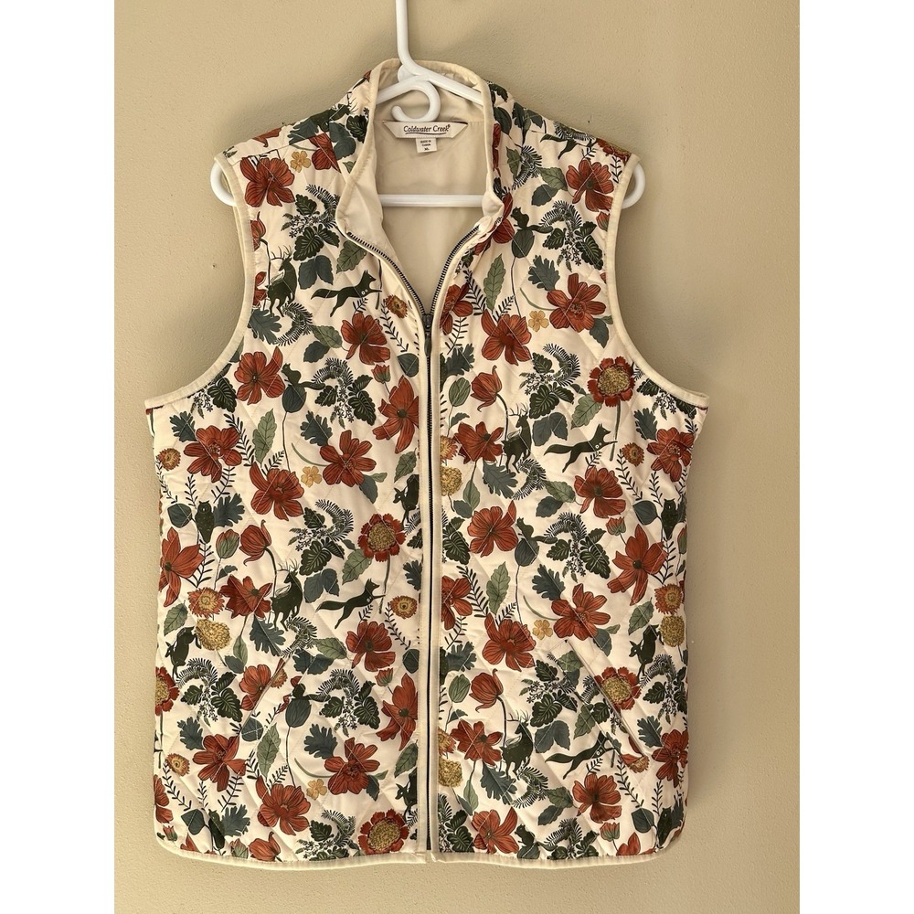 Coldwater Creek Vest Womens XL Floral Woodland Animals Full Zip Quilted Pockets